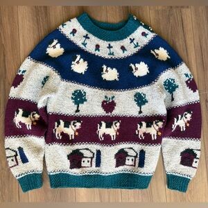 Vintage Woolrich Women's Wool Knit Crewneck Sweater Size L Farm Animals Sheep